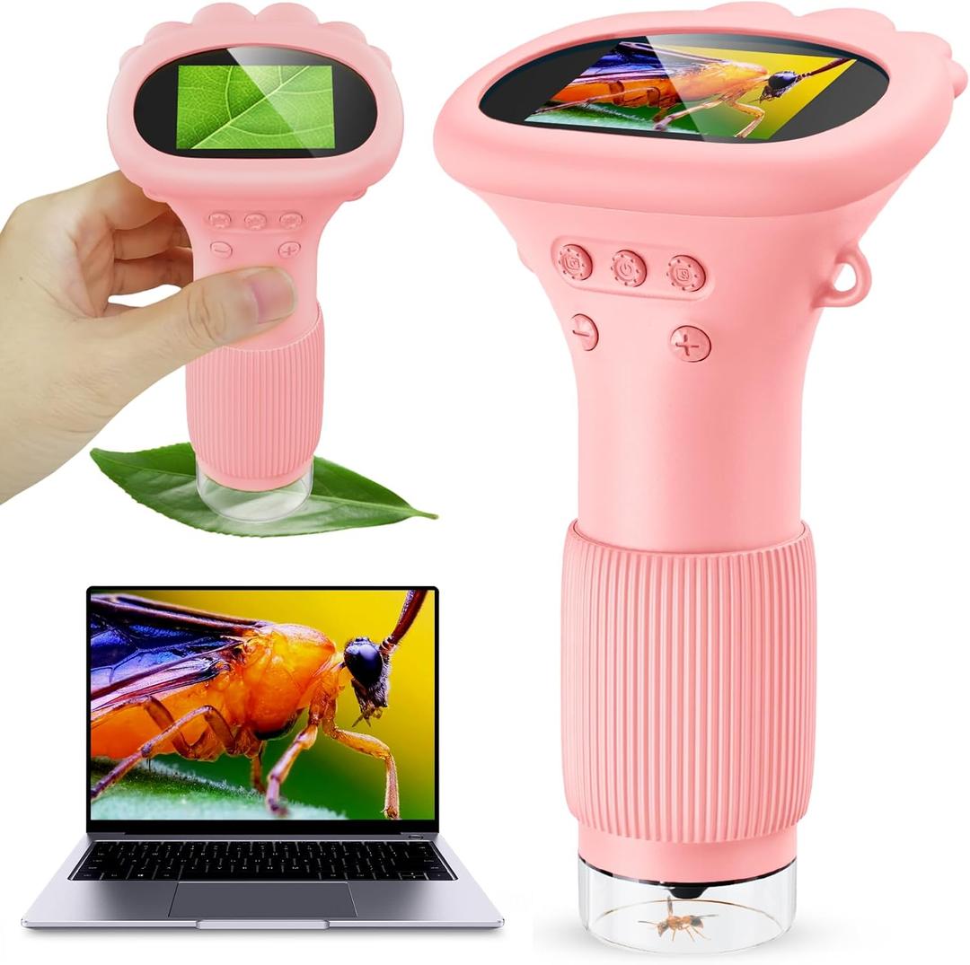 Kids Magnifying Glass, 2.0 Inch Digital Screen Mini Pocket Microscope for Bug - 200x Zoom Handheld Microscope with Adjustable Lights, Edu Birthday Gifts for Age 3-12 Girls (Pink)