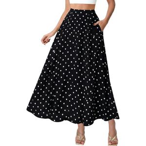 DERAX Women's Polka Dot Flowy Maxi Skirt A-Line High Waisted Vintage Retro Elegant Long Skirt with Pockets Black M