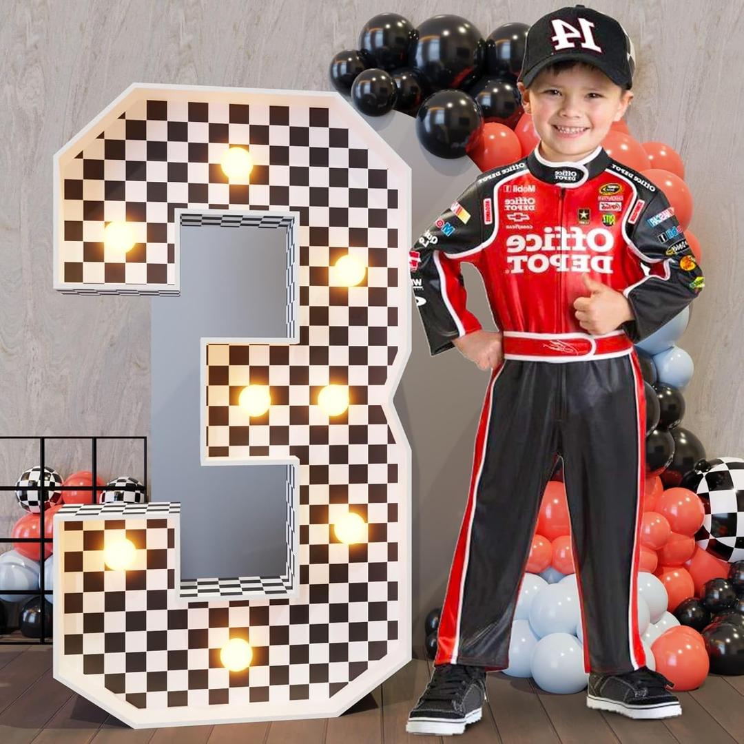 Marquee Numbers Race Car Birthday-Decorations: 3ft Large Fast One Party Decor Boy 3rd 13th Big Light Up Cardboard Number 3