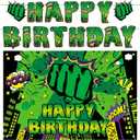 Green Super Hero Happy Backdrop for Birthday Party, 5x3ft Cityscape Hero Skyline Buildings Boom Photography Background Baby Shower Boy Kids Party Decorations Photo Props