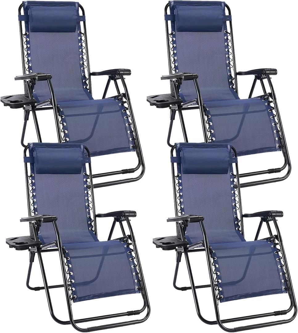 Sweetcrispy Zero Gravity Chairs, Set of 4 Portable Recliner Beach Camping Patio Outdoor Folding Lounge Chair with Cup Holder Trays and Adjustable Pillow for Poolside, Garden, Backyard, Lawn (Blue)