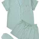 TEERAPHIQUE 4Pcs Womens Satin Pajama Silk Pajamas for Women Set Tops & Shorts Sleepwear Loungewear With Eye Mask & Hair Rope (Small, Green)