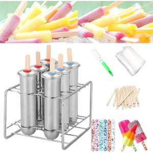 Set of 6 Stainless Steel Popsicle Molds Kit, Metal Popsicle Moulds,Homemade Ice Treat Makerwith 50 Wooden Sticks and 6 Silicone Seals and 20 Pop Bags,Cleaning Brush(Round)