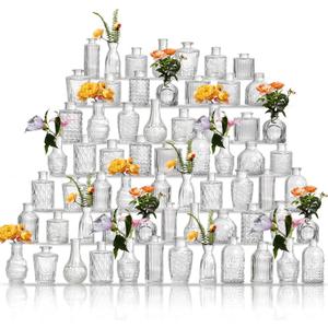 Glass Bud Vases Set of 64 - Assorted Small Mini Glass Vases for Flowers, Crystal Vintage Vase Set, Bulk Centerpieces for Table Dcor, Wedding, Home and Events (Clear, 64 Pcs)