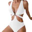 Women's Deep V Neck One Piece Swimsuit O-Ring Swimwear Sexy Cut Out Bathing Suit (Medium, White)