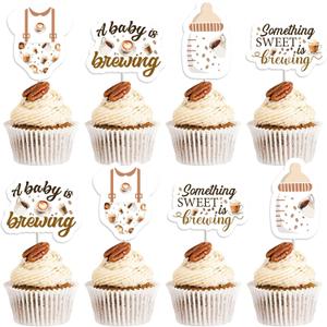 Jollyboom A Baby is Brewing Baby Shower Decorations, 24pcs Coffee Something Sweet is Brewing Cupcake Toppers Double-sided Printing Brown for Coffee Gender Reveal Pregnancy Announcement Gift