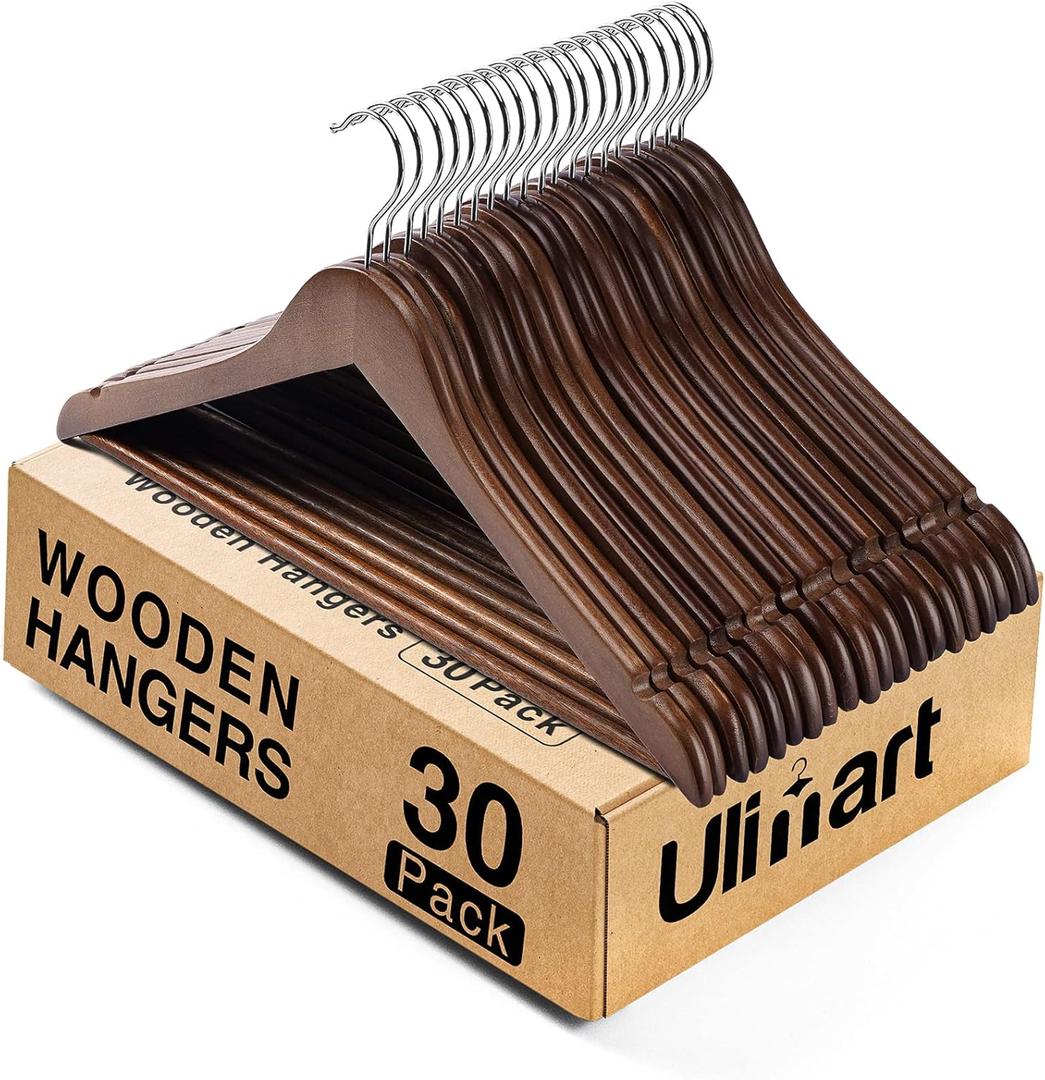 Wooden Hangers 30 Pack,Clothes Hanger for Daily Used,Coat Hanger for Closet,Heavy Duty Wood Hangers for Suit, Shirts, Jackets, Dress, Pant (Walnut)
