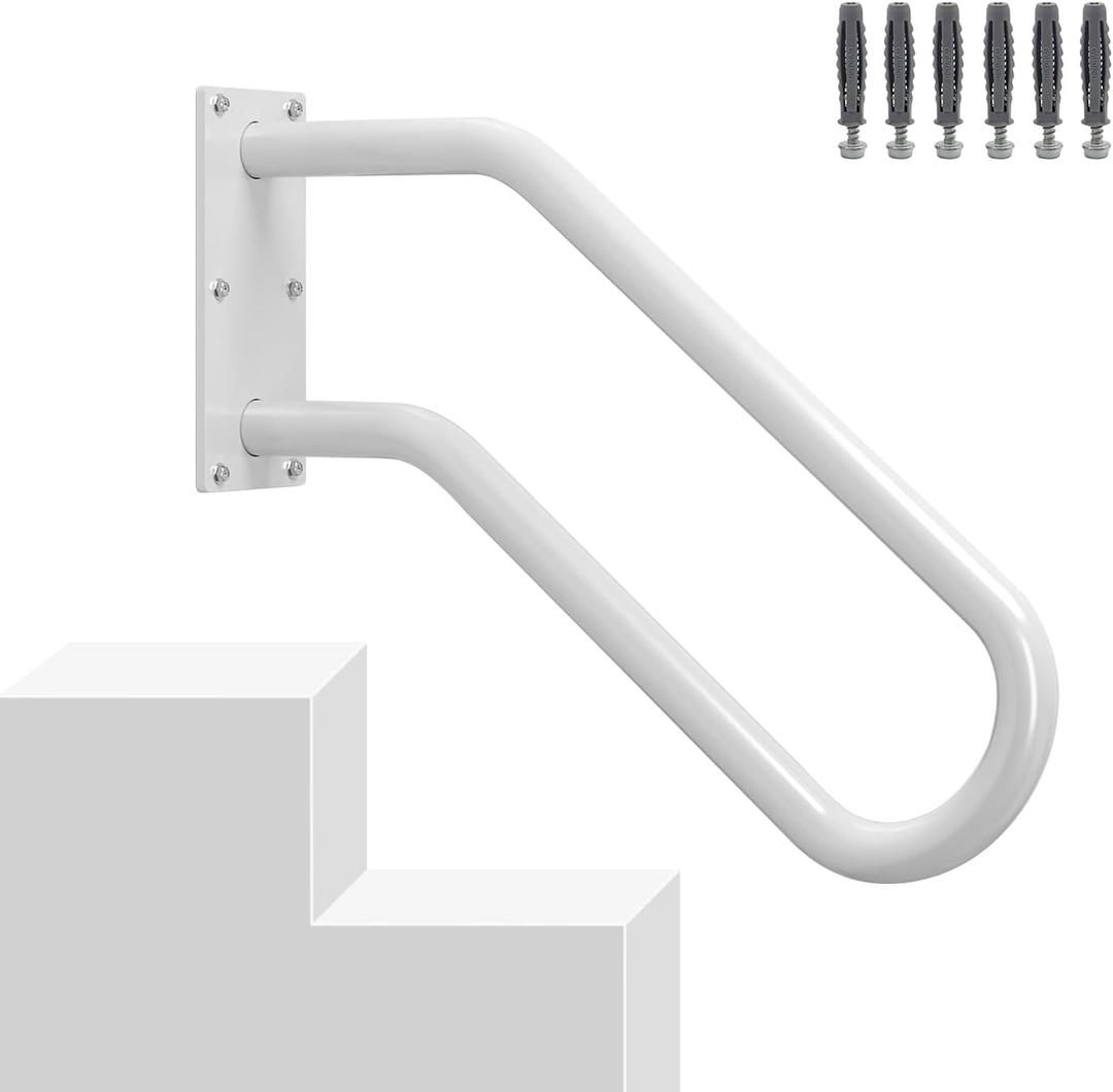 Hand Rails for Outdoor 1-2 Steps, Indoor Stairs, Bathroom, Wall Mount Non-Slip U-Shape Stair Hand Railing White 1 Pack