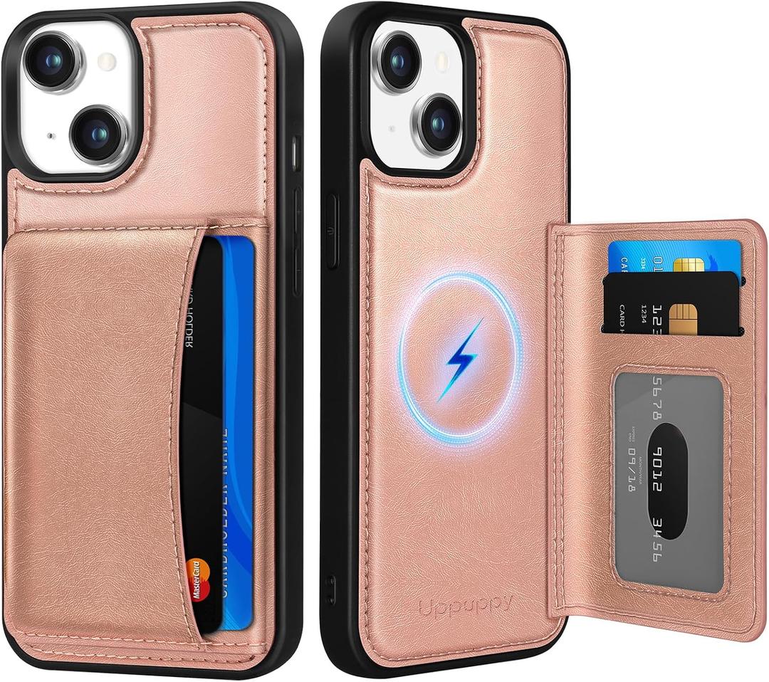 Uppuppy for iPhone 15 Case with Wallet - Fits 4 Card Slots, Compatible with MagSafe for Women Aesthetic Durable PU Leather Credit Card Holder Kickstand Phone Cover for Apple 15, Rose Gold