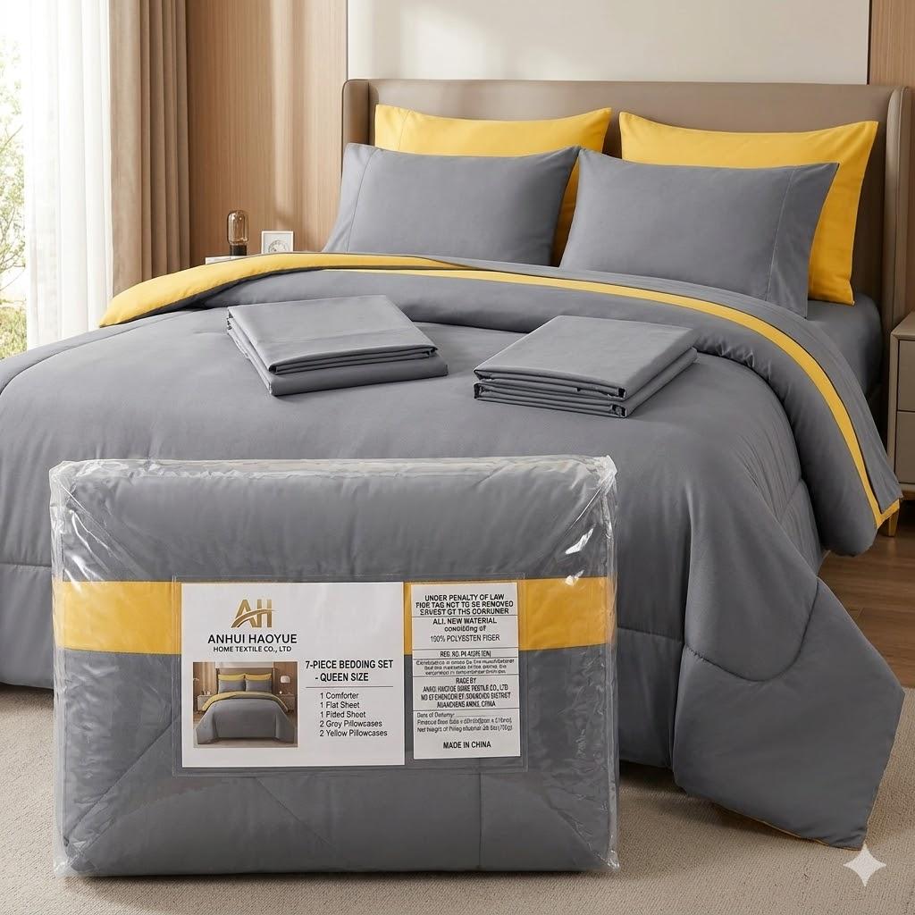 7-Piece Queen Size Bedding Set – Gray & Yellow Modern Comforter Set