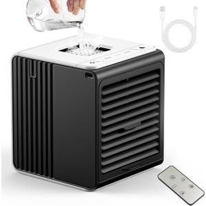 Portable Mini Air Conditioner,BIESQYA 3-in-1 Personal Small Ac Unit Cooler, 3 Speed USB Powered Desk Fan Swamp Evaporative Windowless Humidifier for Room Office Camping Car Black (Charcoal)
