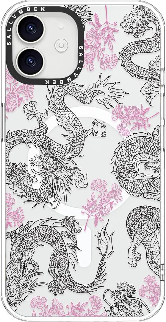 for iPhone 12 Case/iPhone 12 Pro Case 6.1 inch,Compatible with MagSafe,Cute Design Dragon Print Pattern,Magnetic Shockproof Protective Mag Safe Clear TPU Bumper Cases Cover for Women Girls (16-dragons and flowers/Black)