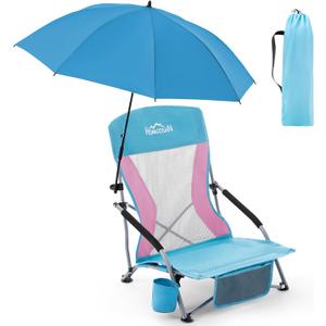 Homcosan Portable Low Folding Beach Chair with Detachable Umbrella - Lightweight Camping Chair for Adults with Cup Holder & Storage Pocket, Carry Bag Included (Blue & Pink), 1 Pack