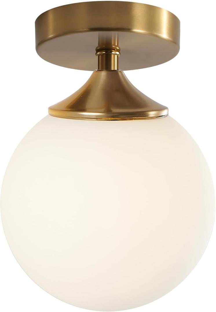 KCO Lighting Small Milk Glass Globe Semi Flush Mount Ceiling Light Mid Century Modern Gold Ceiling Light Fixtures Brass Hallway Light for Hallway Entryway Bedroom (White)