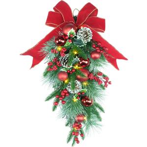 24" Pre-lit Decorative Teardrop Swag, Battery Operated Christmas Swag with Fairy Lights, Red Bowknot & Baubles, Pine Cones, Red Berries, Green Leaves Holly, Spruce Branches, Pine Needles