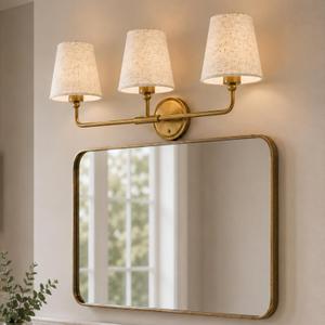 AUTELO Gold Vanity Light, Lights for Vanity with Fabric Linen Shade, 3-Light Wall Sconce, Lighting Fixtures Over Mirror for Bathroom Bedroom, W2664-3 BG