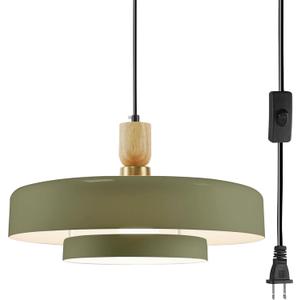 Olive Green Pendant Lamp Plug in Hanging Light for Island Living Room, Mid Century Chandelier with Metal Shade On/Off Switch Adjustable 14.75FT Wire for Bedroom Kitchen Island Light