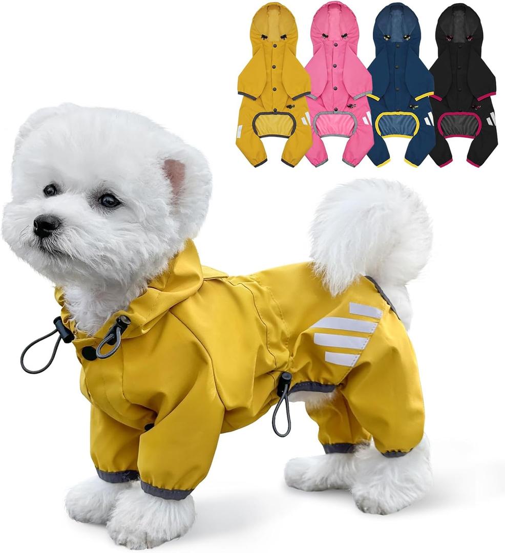 Dog Raincoat, Waterproof Dog Rain Jacket with Hood, Rain Coat with Leash Hole, Reflective Strap for Small Medium Dogs, Lightweight Puppy Clothes(Yellow,S)