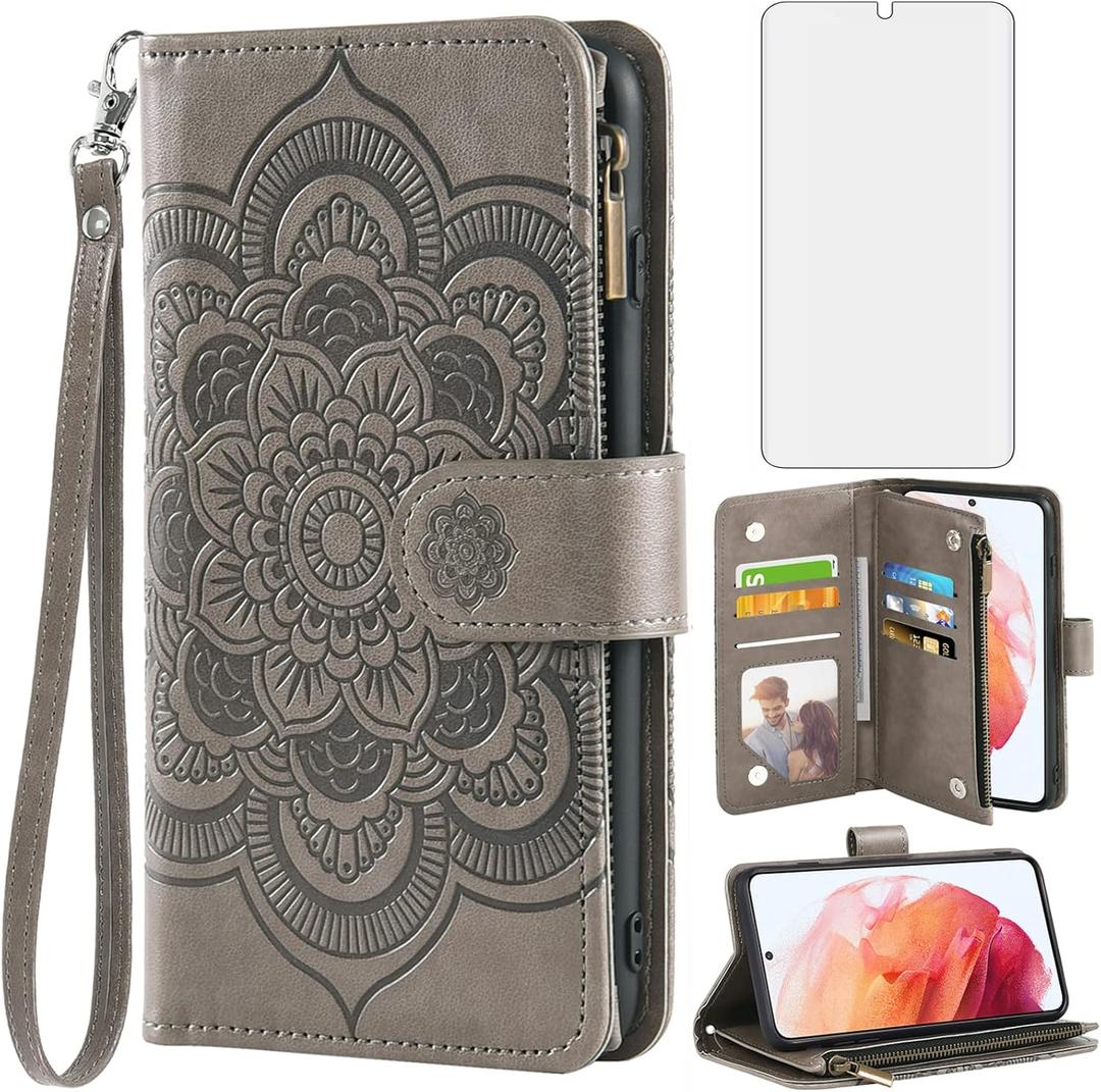 Asuwish Compatible with Samsung Galaxy S21 Glaxay S 21 5G 6.2 inch Wallet Case and Tempered Glass Screen Protector Flower Leather Flip Card Holder Cell Phone Cover for Gaxaly 21S G5 Women Men (Gray)