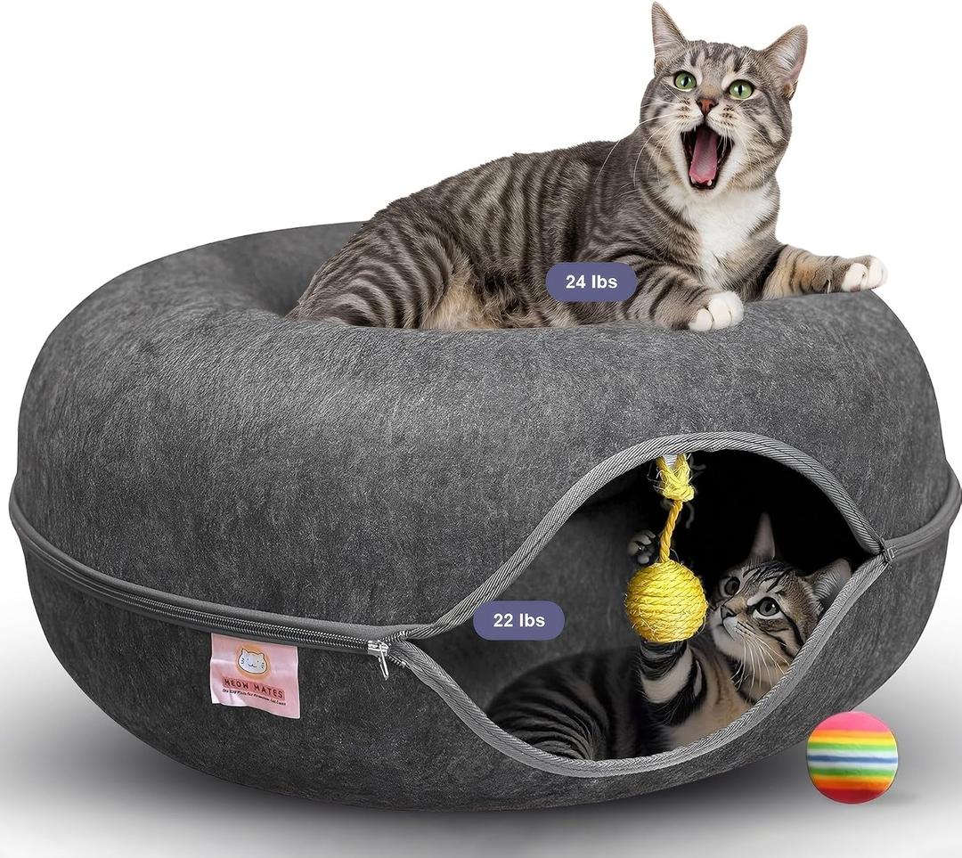 MeowMates Peekaboo Cat Cave Donut Bed for Multiple Cats Upto 45lbs, 3-in-1 Large Cat Tunnel & Donut Bed Combo w Round Tunnel Scratcher for Indoor Cats, Hanging Toy, Washable & Detachable - Dark Grey