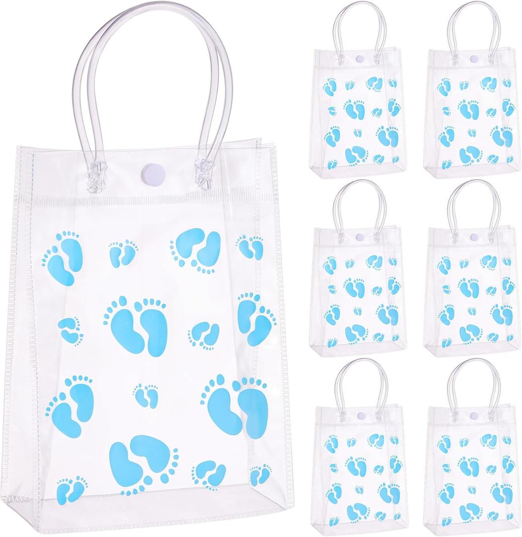 30 Pcs Baby Shower Favors for Guests Blue Foot Plastic Clear Gift Bags with Handles Blue Footprint PVC Shopping Candy Themed Goodie Bags for Gender Reveal Party Supplies(5.9 x 7.9 x 2.8 Inch)