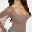 REORIA Women's 2025 Fall Sexy Mesh Flowy Long Sleeve Square Neck Tops Trendy Polka Dot Cute Dressy Slim Fit Going Out T-Shirts (Oxford Tan Small)