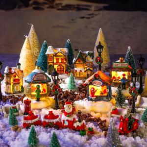 Kasyat 56 Pcs Christmas Village Sets LED Light up Christmas Town Shop Figurines Mini Village Houses Decor Santa Xmas Tree Resin Building Desktop Ornaments Battery Operated Landscape Decor Gift