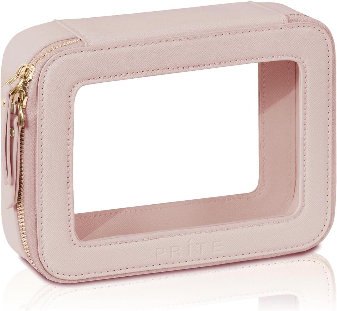 Prite Clear Makeup Bag Cosmetic Organizer Case Waterproof Travel Toiletry Bag Skincare Pouch with Golden Zipper(Pearlescent Pink) (Standard)