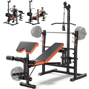 Fostoy Olympic Weight Bench with Lat Pulldown, Squat Rack & Leg Curl | Adjustable,Cable Row, Squat Rack, Leg Developer, Preacher Curl, Multi-Angle Backrest, Full Body Strength Training