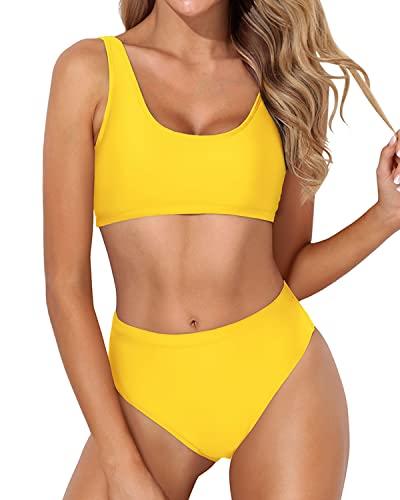 Tempt Me Women Neon Yellow Scoop Neck Bikini Crop Top High Cut Two Piece Swimsuit Sporty High Waisted Bathing Suit S
