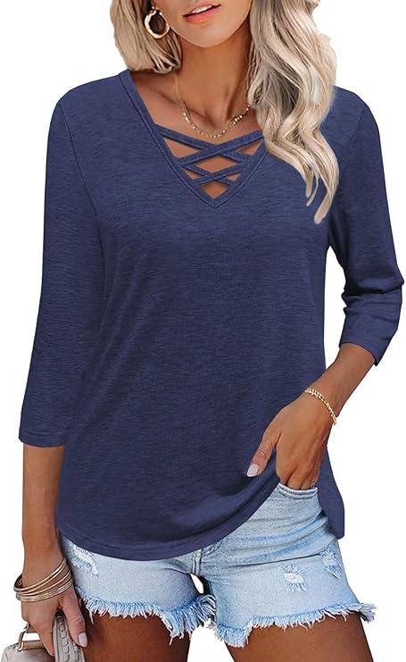 Heymiss Womens Tops 3/4 Sleeve V Neck Shirts Loose Casual Tunic Blouses Criss Cross Summer Tshirts L