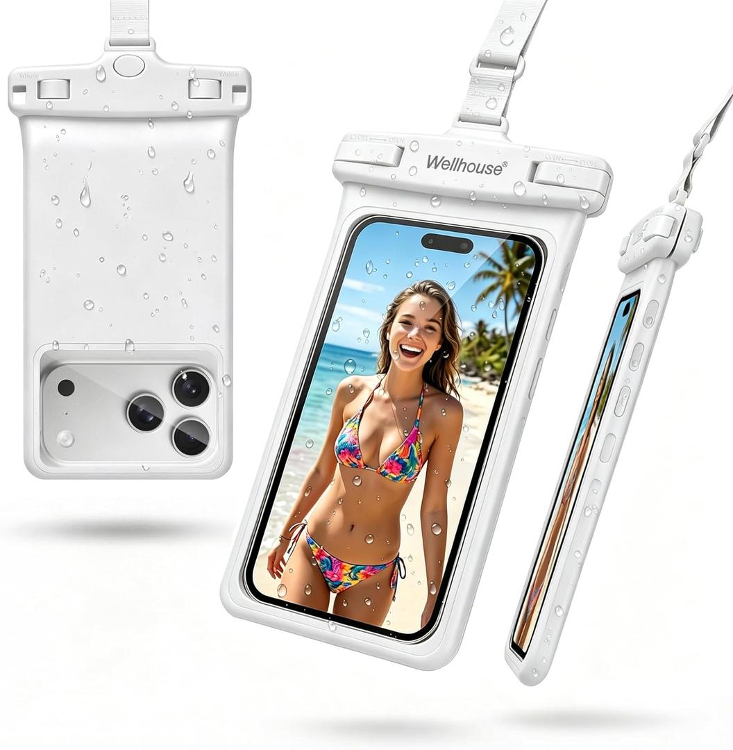 wellhouse Waterproof Phone Pouch, Waterproof Phone Case for iPhone 16 15 14 13 12 Pro Max XS Samsung, IPX8 3D Cellphone Dry Bag Beach Essentials (1 Pack - White7.0, 7 inch)