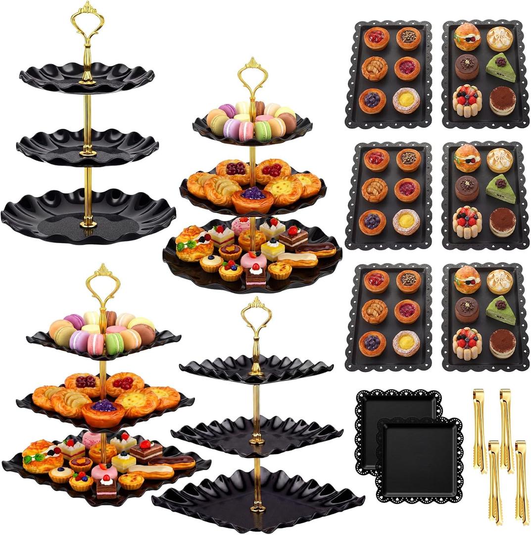 Remerry 16 Pcs Dessert Table Display Set 3 Tier Cupcake Stands Tower Holder Plastic Cookie Serving Trays Gold Serving Tongs for Tea Party Wedding Baby Shower Birthday Table Display(Black)