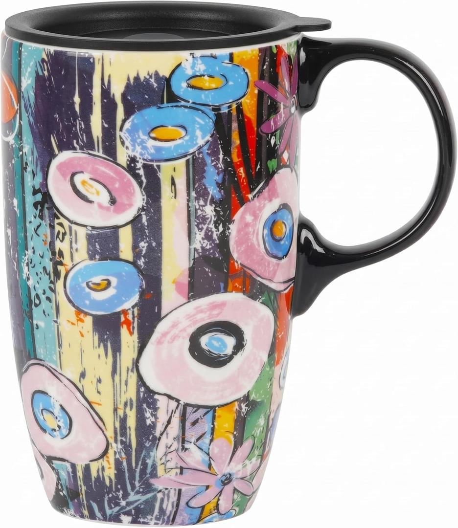 Topadorn Ceramic Travel Mugs Porcelain Latte Tea Cup Coffee Mug with Lid and Handle,17oz. Abstract Garden