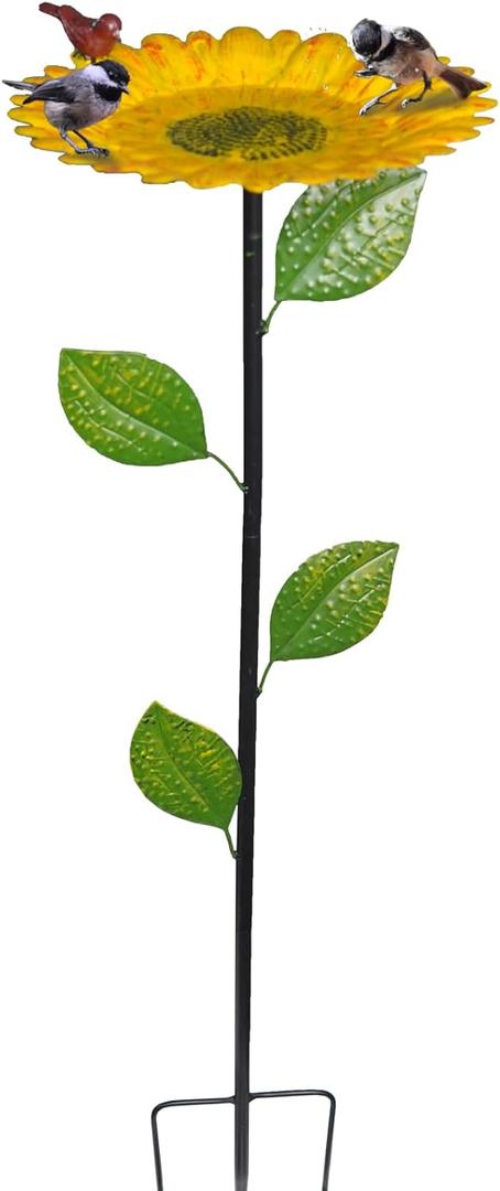 Birdbath and Feeder Set for Wild Birds, Outdoor Standing, Handmade Metal, Sunflower Design (Single Layer)