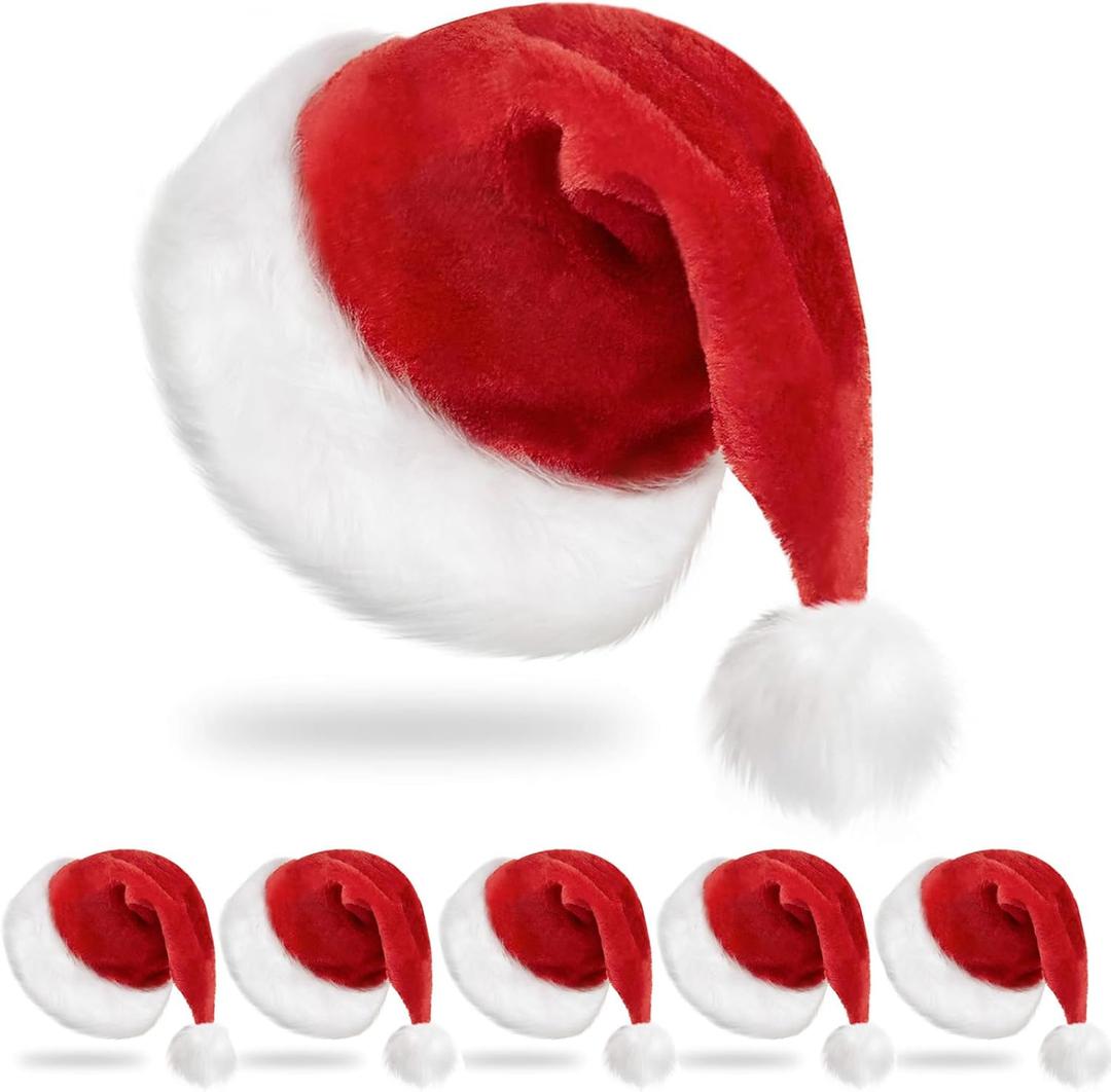 RJVW 6Pcs Santa Hats Christmas Hats: Xmas Holiday Hat for Adults, Unisex Velvet Classic Santa Hat for Xmas New Year