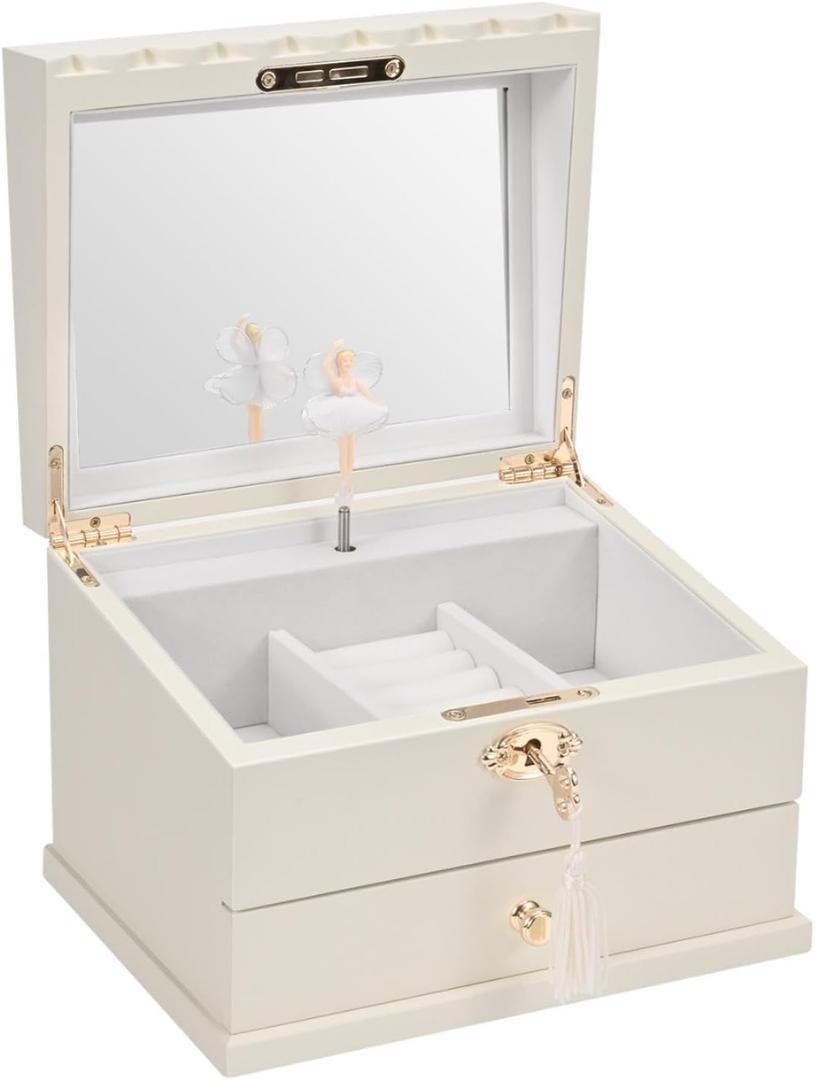 Lihou PapaQ Wooden Ballerina Medium Musical Jewelry Box with Mirror and Lock for girlsKid's Jewelry Storage Music Box,Gifts for Holidays (White -Double layer)