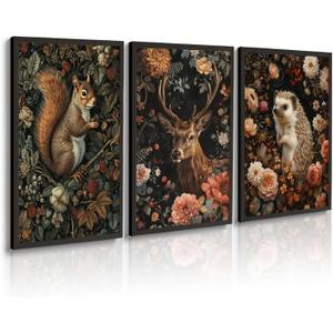 William Morris Wall Art Deer Squirrel Painting Prints Large Gothic Animal Canvas Wall Art for Living Room Dark Academia Artwork Pictures Moody Botanical Wall Decor 16"X24"X3PCS Unframed (Black Yellow)