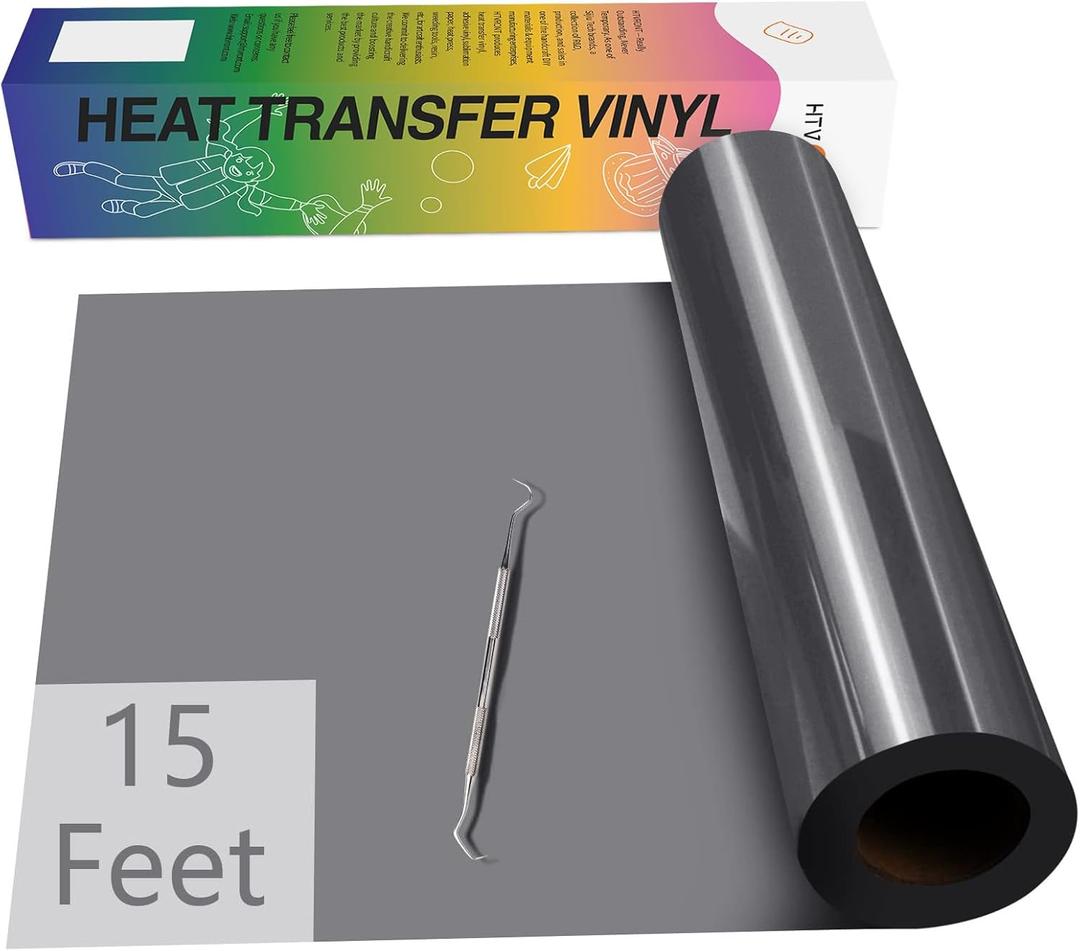 HTVRONT HTV Vinyl Rolls Heat Transfer Vinyl - 12" x 15ft Dark Grey HTV Vinyl for Shirts, Iron on Vinyl for All Cutting Machines - Easy to Cut & Weed for Heat Vinyl Design (Dark Grey)
