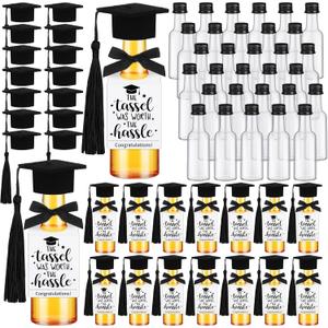 Hushee 50 Sets Mini Graduation Liquor Bottles Bulk with Mini Grad Caps with Tassels and Black Bow Label Grad Wine Shot Bottles for Graduation Party Favors College High School
