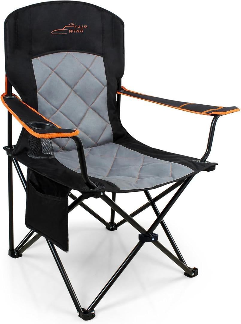 FAIR WIND Oversized Fully Padded Camping Chair, Heavy Duty Quad Fold Chair Arm Chair Support 350 LBS with Cup Holder, Collapsible Lumbar Back Chair Portable for Outdoor, Black, Single Pack