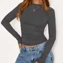 BTFBM Womens Tops 2025 Fall Clothes Long Sleeve T Shirts Boat Neck Ruched Slim Fit Casual Stretchy Going Out Outfits (Gray, M)