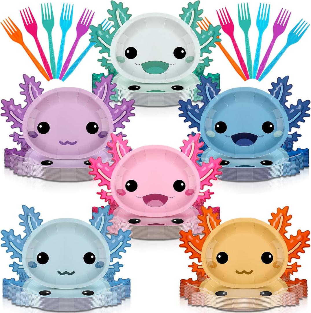 Zhehao 60 Sets Axolotl Shaped Party Supplies Colorful Axolotl Tableware Dinnerware 10 Inch Disposable Paper Plates Forks Cartoon Reptile Animals Decorations for Kids Boys Birthday Girls Favors (Multicolor)