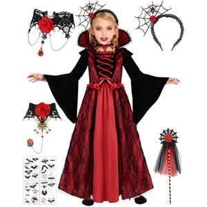 Fantspati Vampire Costume Set for Girls Halloween Dress Up with Choker Bracelet Headband Wand Kids Vampire Costume, L