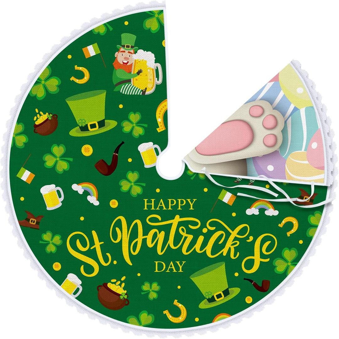 Realspring 36 Inch St. Patrick's Day Tree Skirt Reversible Shamrock Clover Easter Bunny Tail Double Sided Print Mat Easter Eggs Party Supplies for Home Tabletop Trees Holiday Decor