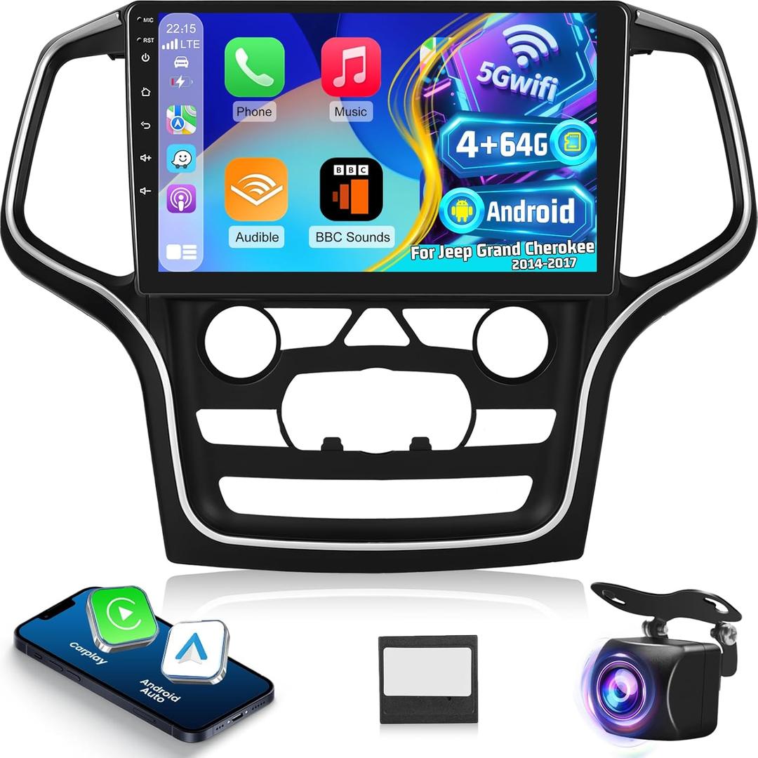 4+64G Android Car Stereo for Jeep Grand Cherokee 2014 2015 2016 2017-10 Inch IPS Touchscreen Radio with Wireless Carplay & Android Auto, 32 EQ DSP/WiFi/GPS/SWC + AHD Rear View Camera