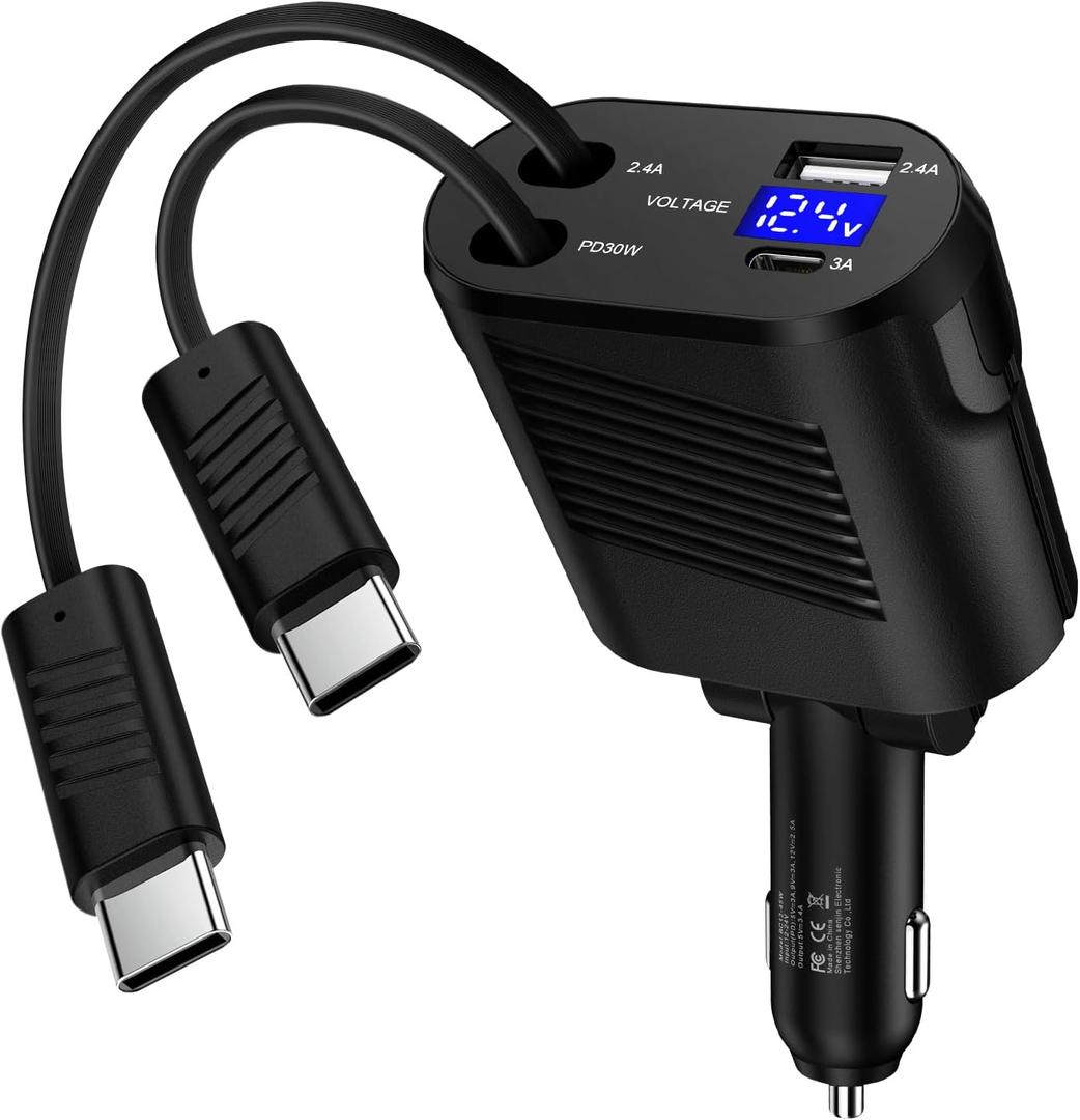 Retractable Car Charger for iPhone 16e, 4 in 1 45W USB C Car Charger Adapter with Type C Fast Charging Cable for iPhone 16 15 Pro Max Plus, Samsung Galaxy S25 S24 S23 S22 S21 A56 A16 A15 A14 A35 A55
