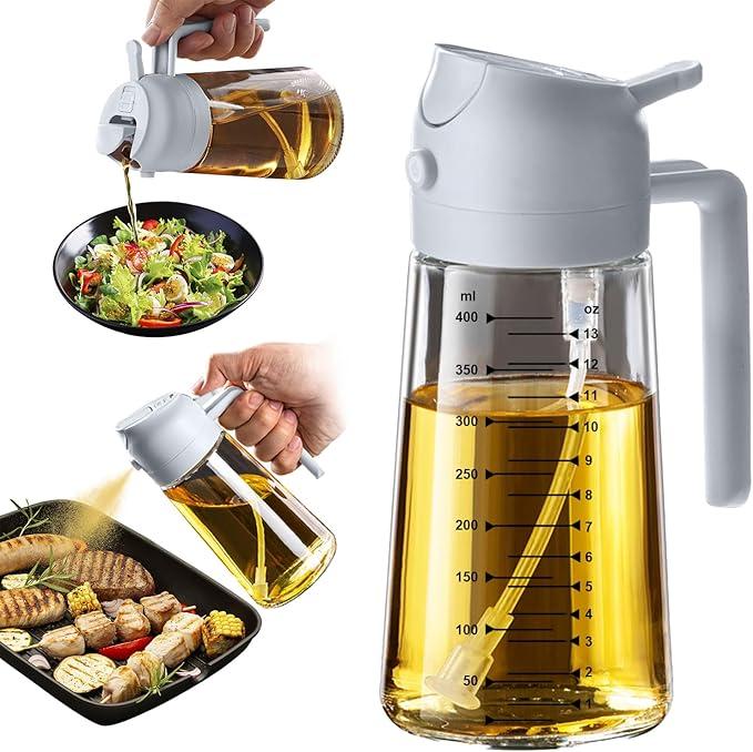 TrendPlain 16oz/470ml Glass Olive Oil Sprayer for Cooking - 2 in 1 Olive Oil Dispenser for Kitchen Gadgets, Air Fryer, Salad, and BBQ - Ash