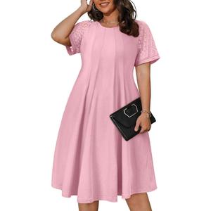 Eytino Womens Plus Size Dress Lace Short Sleeve Crewneck Casual Pleated Swing Midi Dresses with Pockets (4X, Light Pink)