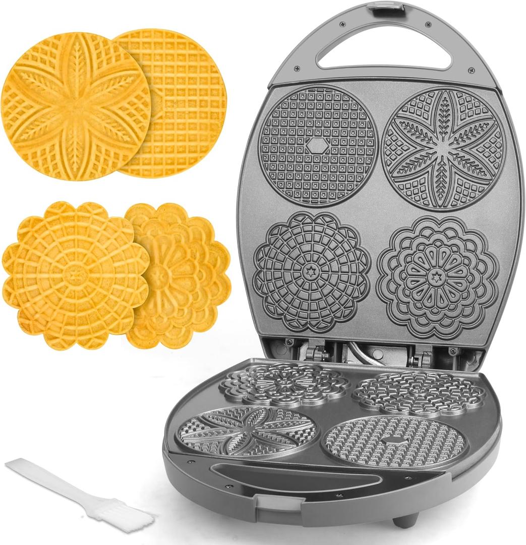 Baker's Friend Multi Pizzelle Maker Electric, Stroopwafel Iron, 4 x 4.5'' Pizzelle Waffle Cookies Maker with Temperature Control, Ideal for Holidays, Parties & More, Great Choice for Gift, Graphite